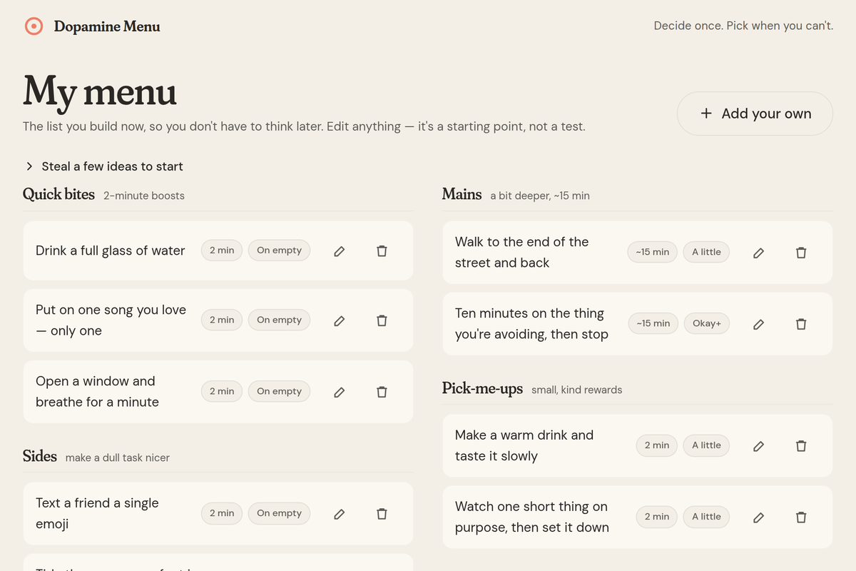 ADHD Dopamine Menu showing saved categories of small, low-energy things to do.