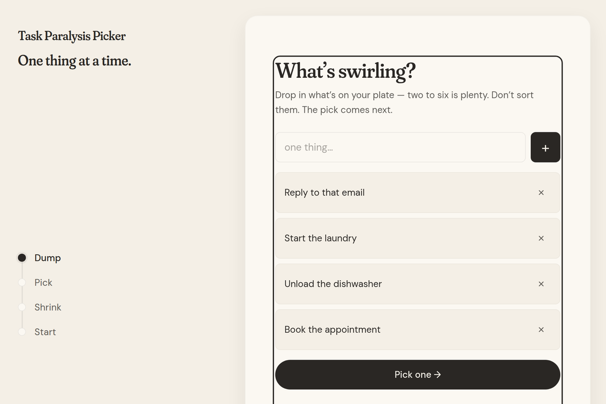 ADHD Task Paralysis Picker with four tasks dumped in, ready to pick one.